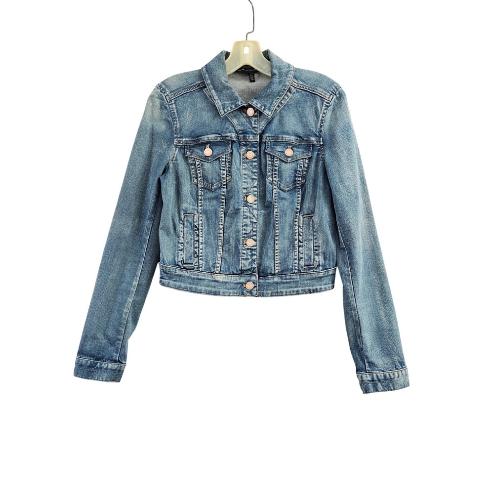 White House Black Market Denim Jacket Womens 6 Blue Cropped Stretch Layering Top